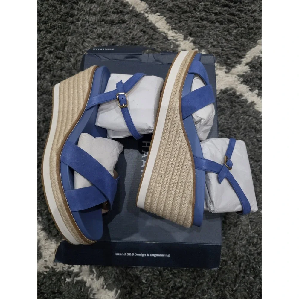 Cole Haan Crysta Blue l Leather Wedge Sandals New Size 9.5B